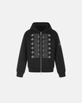 Black Flation streetwear hoodie with braided embroidery, boxy fit, and zip-up front, showcasing casual and stylish design.