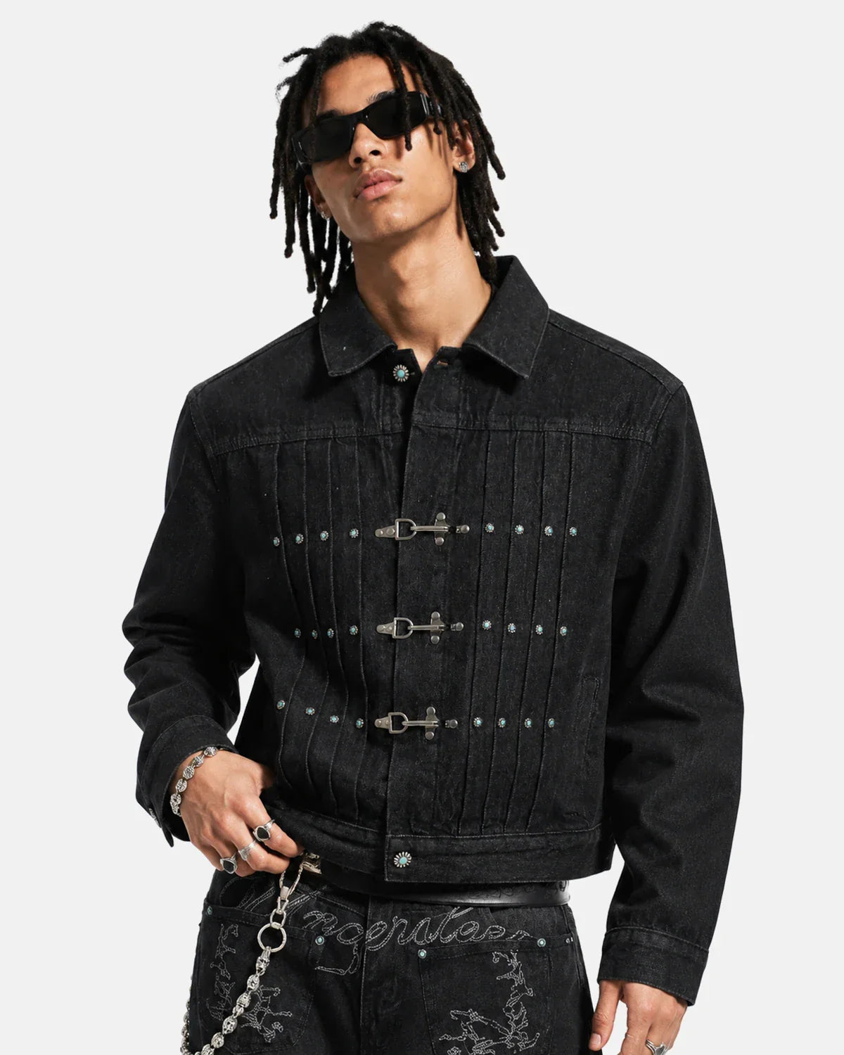 Raw Clasp Denim Jacket by Flation Streetwear, front view showing classic denim fabric and raw clasp closure details.