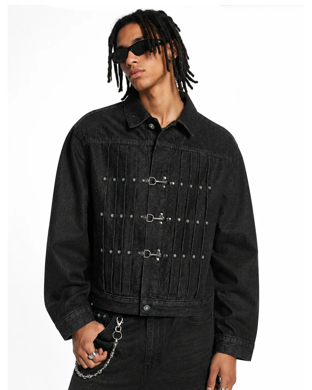 Raw Clasp Denim Jacket from Flation Streetwear featuring classic denim fabric, metallic clasp details, and a casual street style fit.
