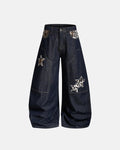 Inflation Leopard Star Patch Barrel Jeans with leopard and star patches, denim material, relaxed fit, stylish streetwear design