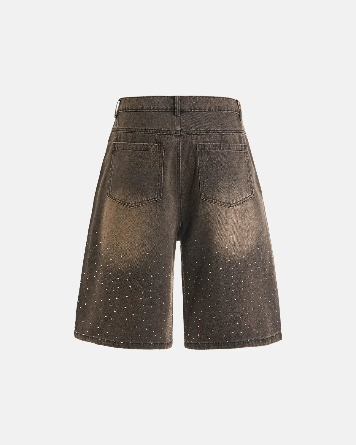 Colorful Rhinestone Washed Jeans Shorts by Flation featuring vibrant rhinestones and distressed denim for trendy streetwear style.