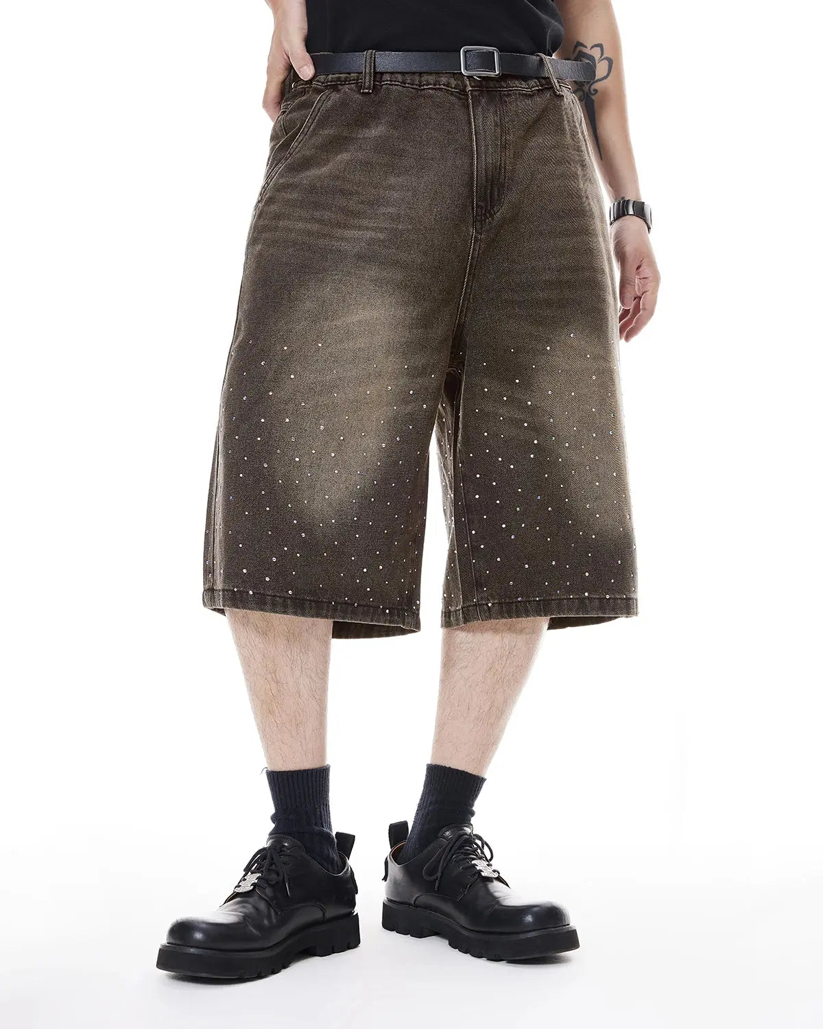 Colorful rhinestone washed denim shorts by Flation, stylish streetwear jeans with vibrant embellishments and distressed detailing.