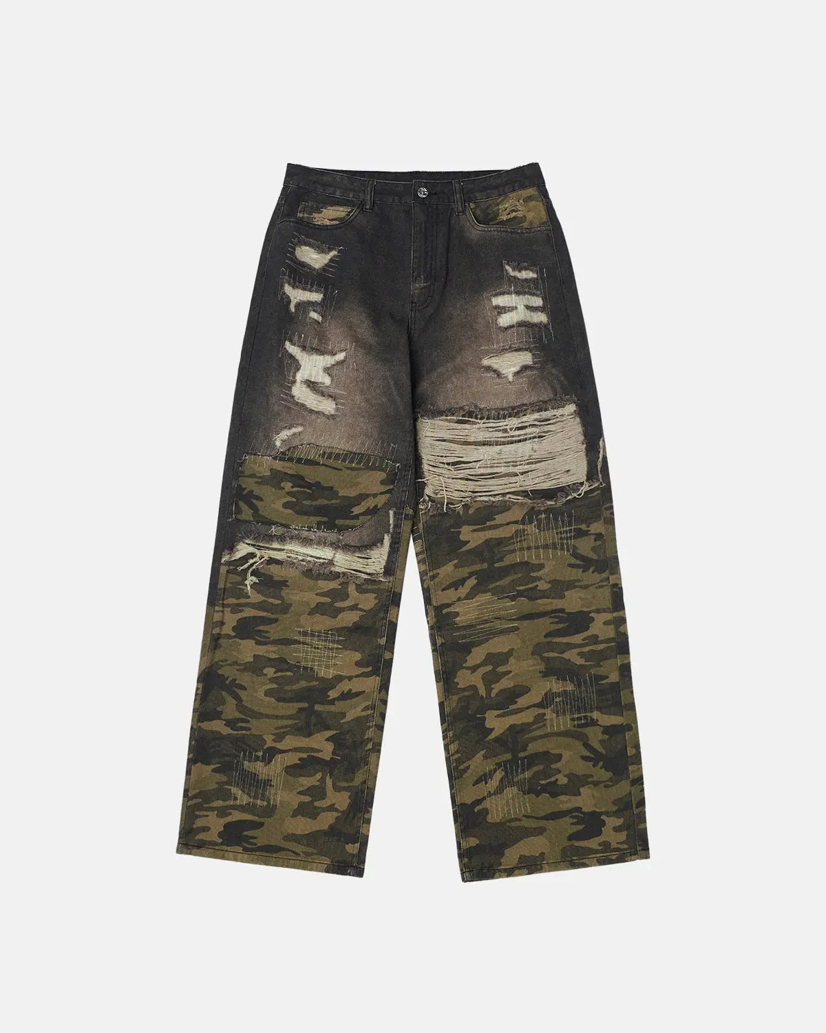 Camo digital printing baggy jeans by Flation Streetwear featuring relaxed fit and camouflage design.