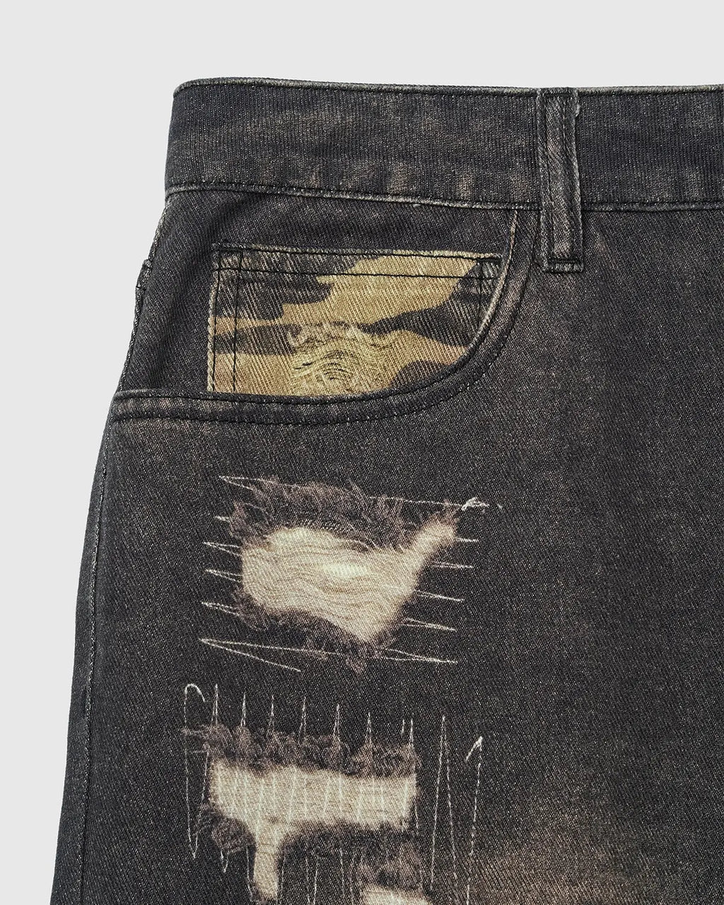 Camo digital printing baggy jeans by Flation Streetwear featuring relaxed fit and streetwear style with camo pattern.