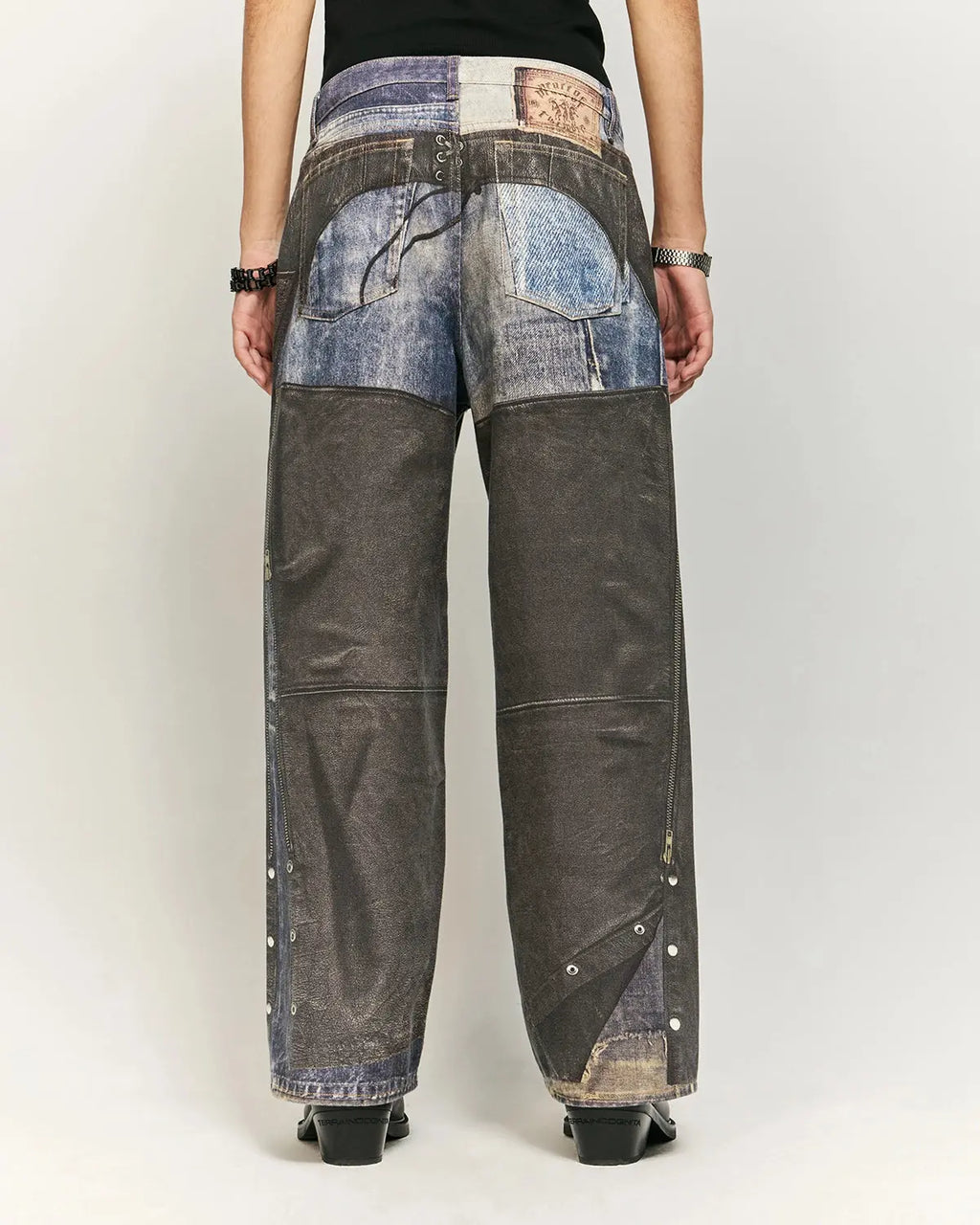 Colorblock digital printing cotton jeans by Flation, featuring vibrant color blocks and streetwear style, shown on a model.