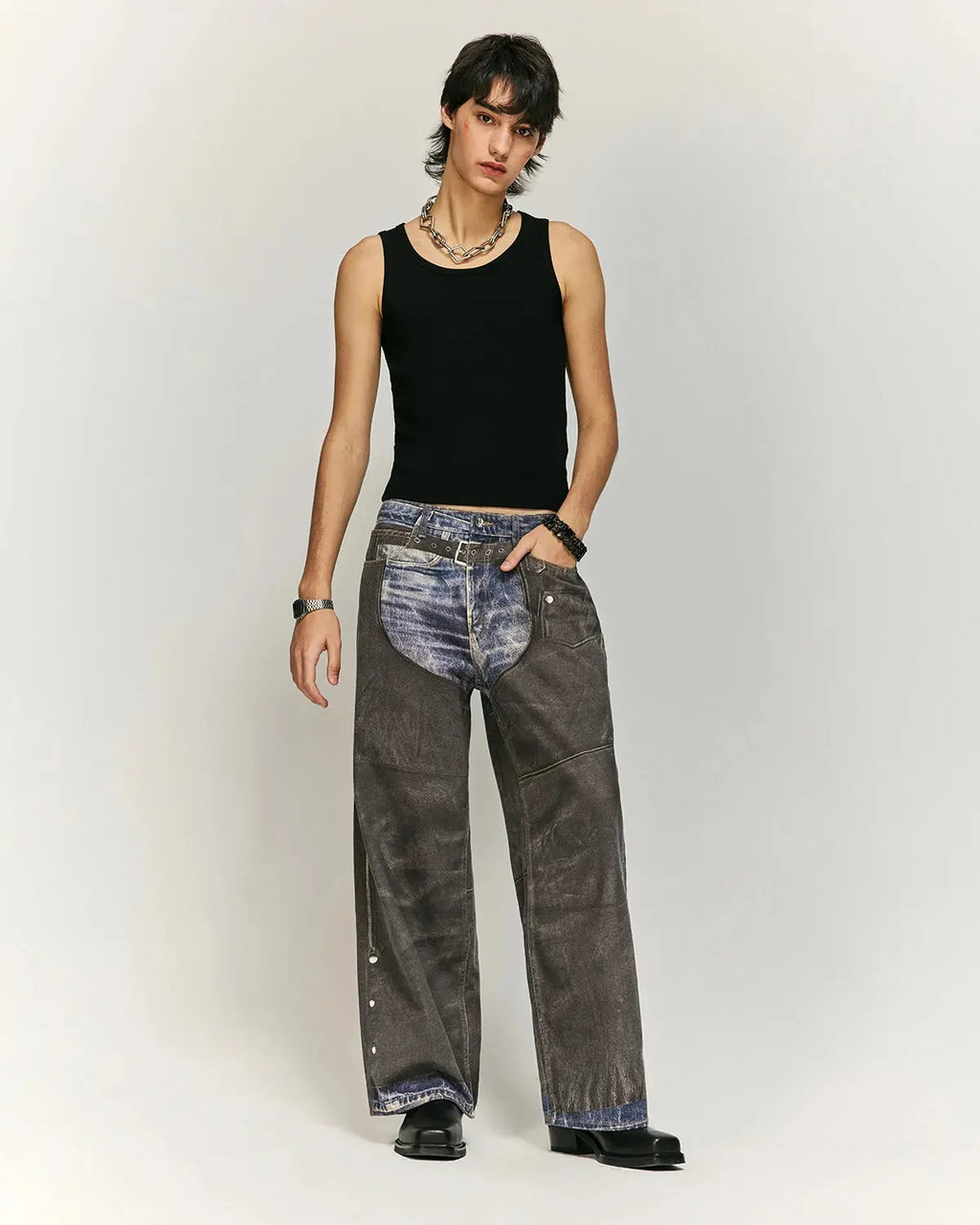 Colorblock digital printing cotton jeans by Flation Streetwear, shown in a stylish streetwear design with vibrant color blocks.