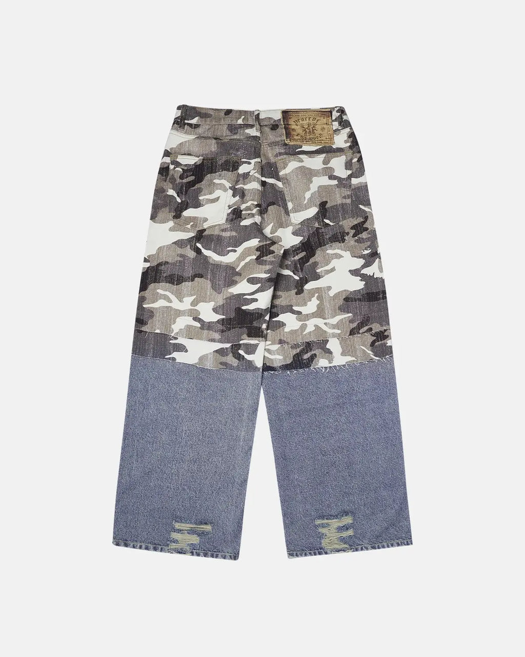 Flation patchwork effect print baggy jeans showing colorful patchwork design and relaxed fit, casual streetwear style.