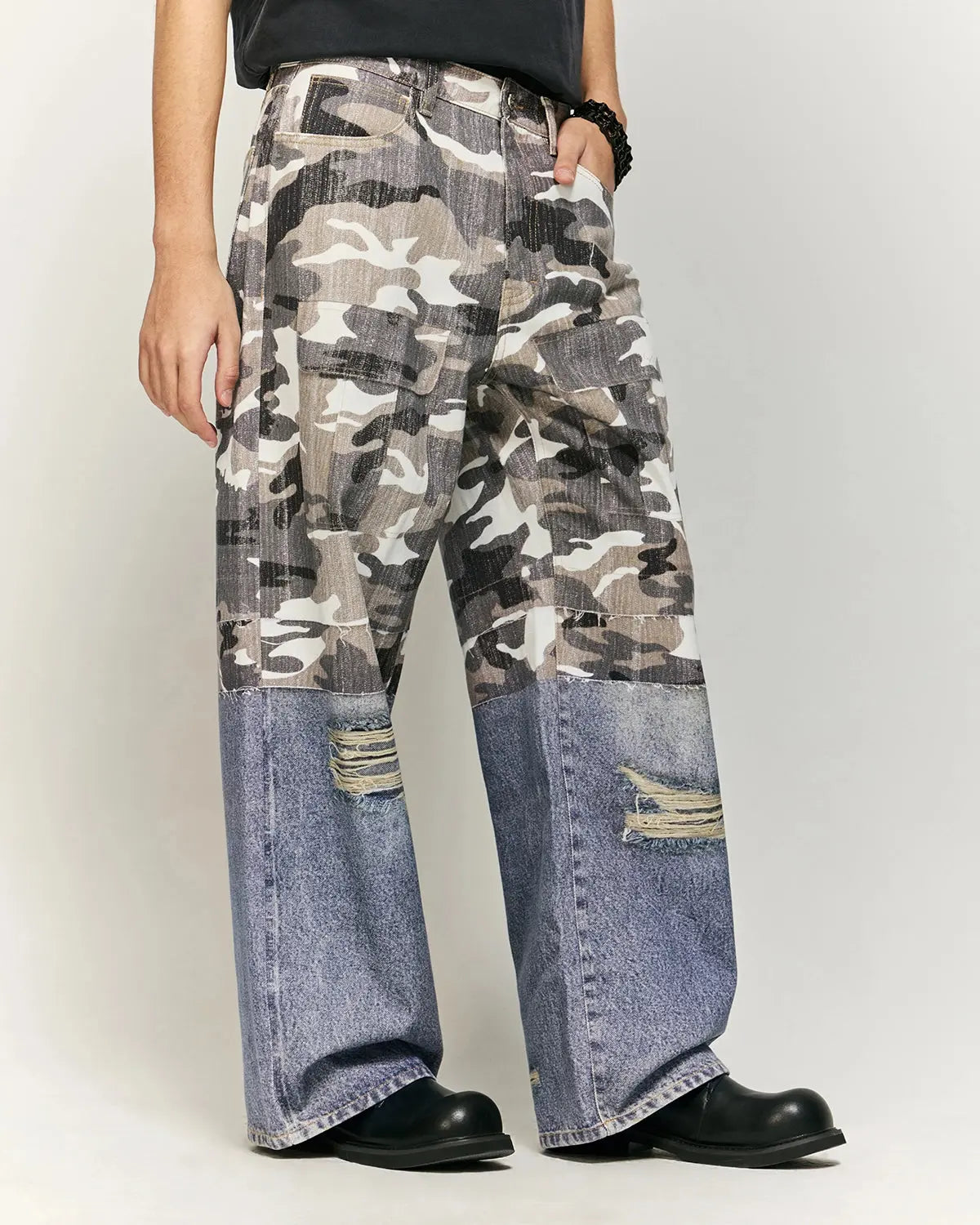 Flation Patchwork Effect Print Baggy Jeans showing colorful patchwork design and relaxed fit, denim fabric, and streetwear style.