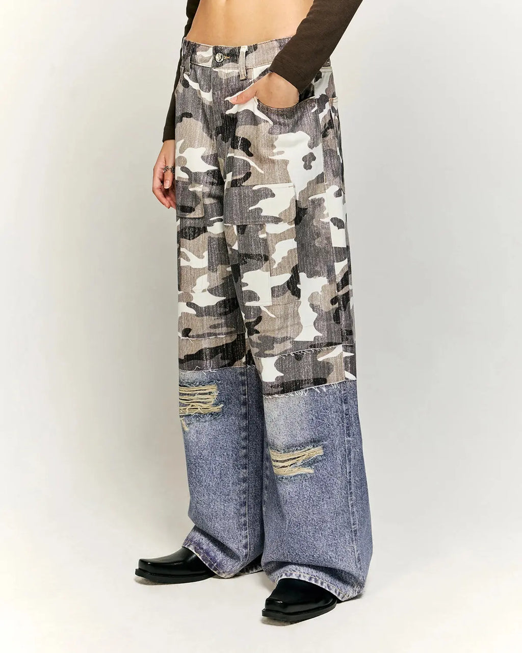 Flation Patchwork Effect Print Baggy Jeans showing colorful patchwork design, loose fit, and traditional denim texture.