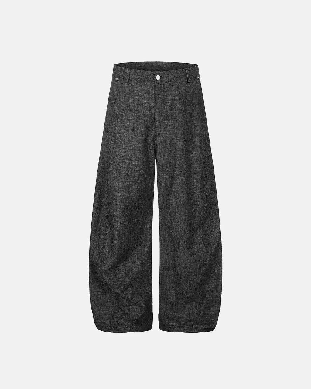 Lightweight Raw Barrel Jeans by INFLATION, denim jeans with raw hem and relaxed fit, displayed on a hanger.