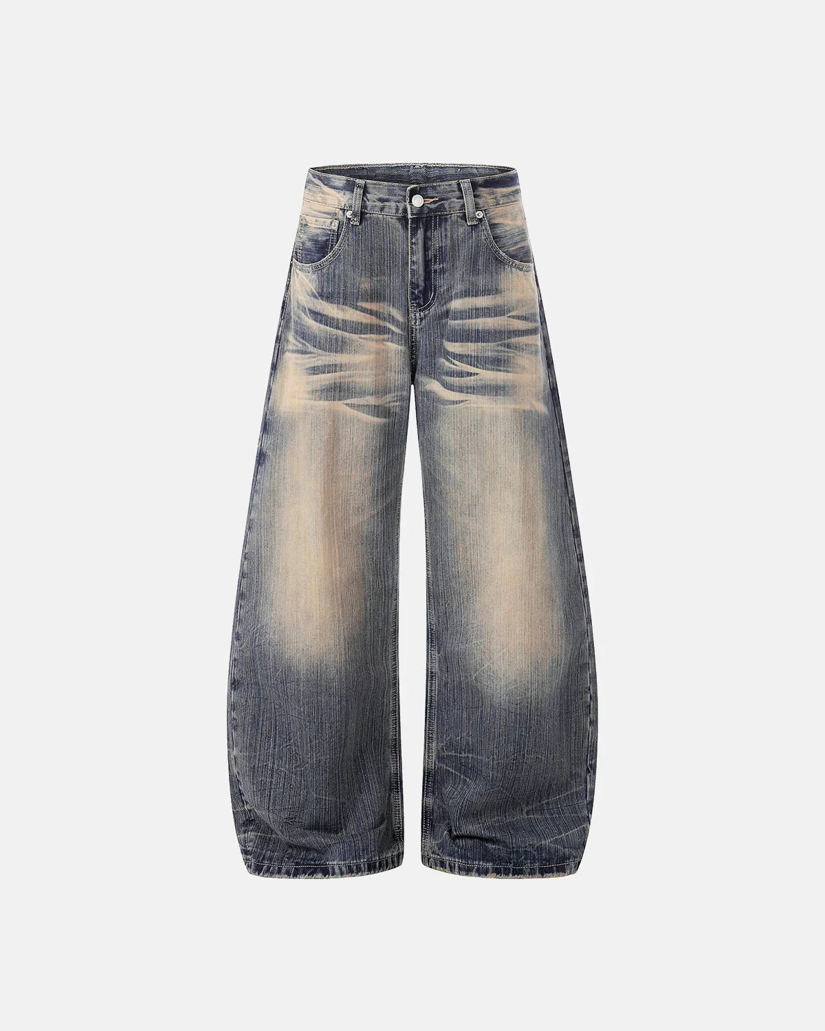 Bamboo weave Dirty Wash barrel jeans by Flation Streetwear featuring distressed denim and relaxed fit in a rustic wash style.