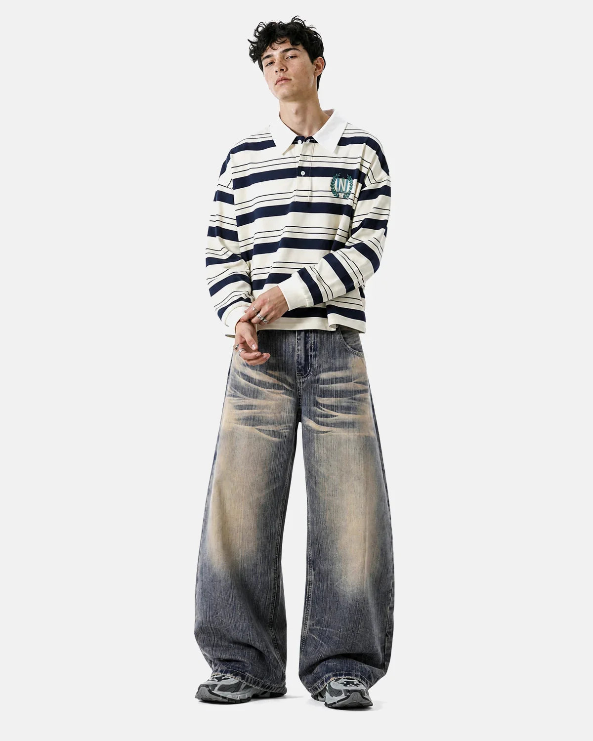 Flation Bamboo Weave Dirty Wash Barrel Jeans showing distressed denim style and relaxed fit with bamboo-inspired textured fabric.