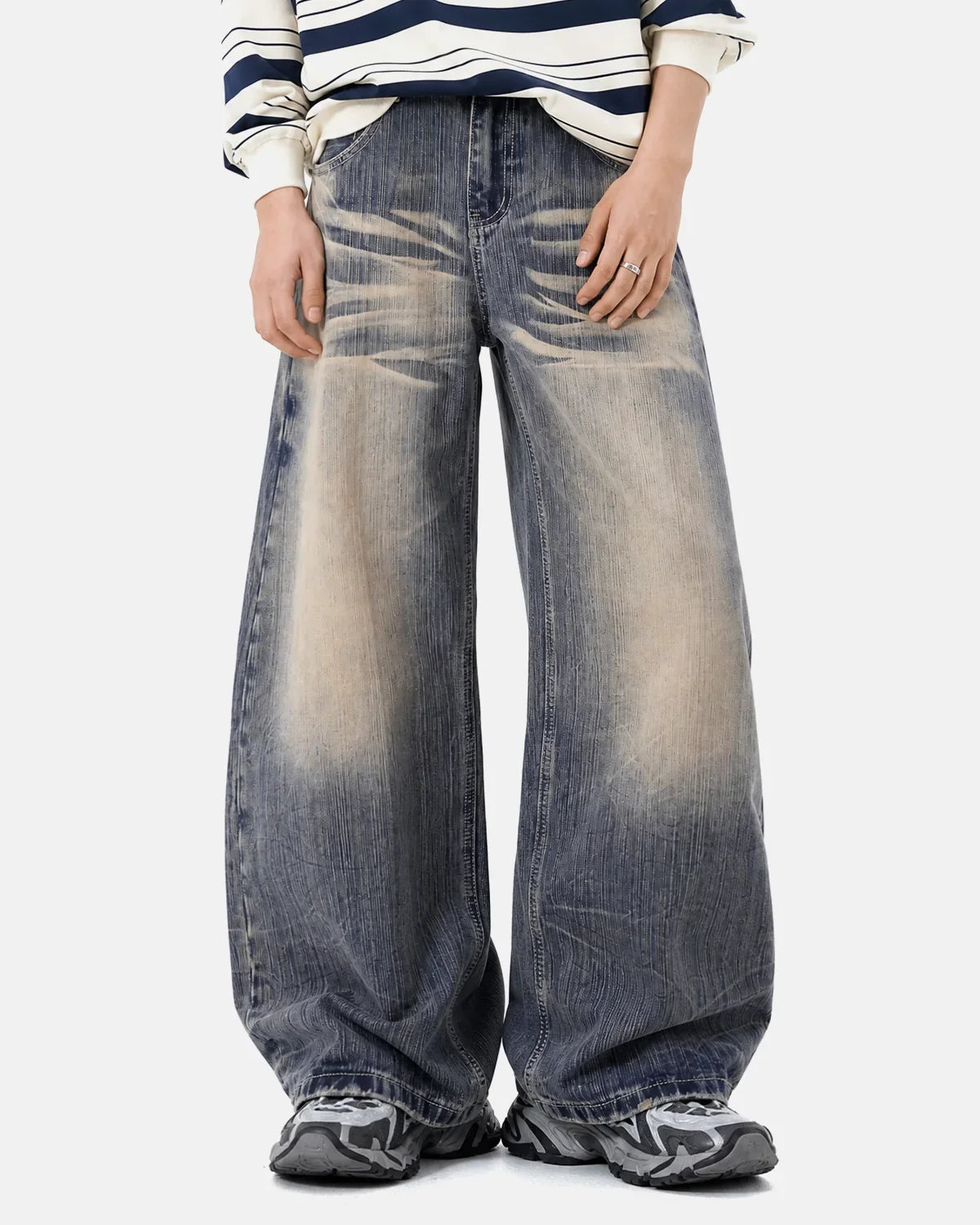 Flation streetwear bamboo weave Dirty Wash Barrel jeans featuring a relaxed fit and distressed denim design.