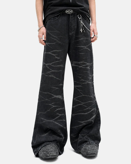 Black Whisker Wash Bootcut Jeans by INFLATION Streetwear featuring a classic bootcut fit and whisker wash detailing.