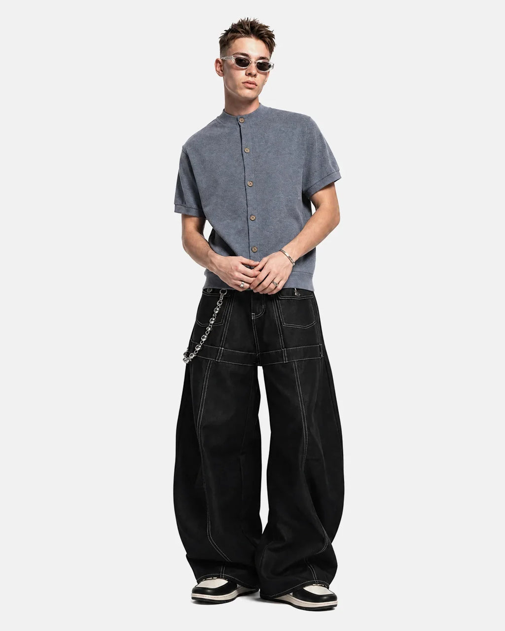 Inflation Contrast Stitch Baggy Barrel Jeans featuring wide fit, distressed denim, and prominent contrast stitching for streetwear style.