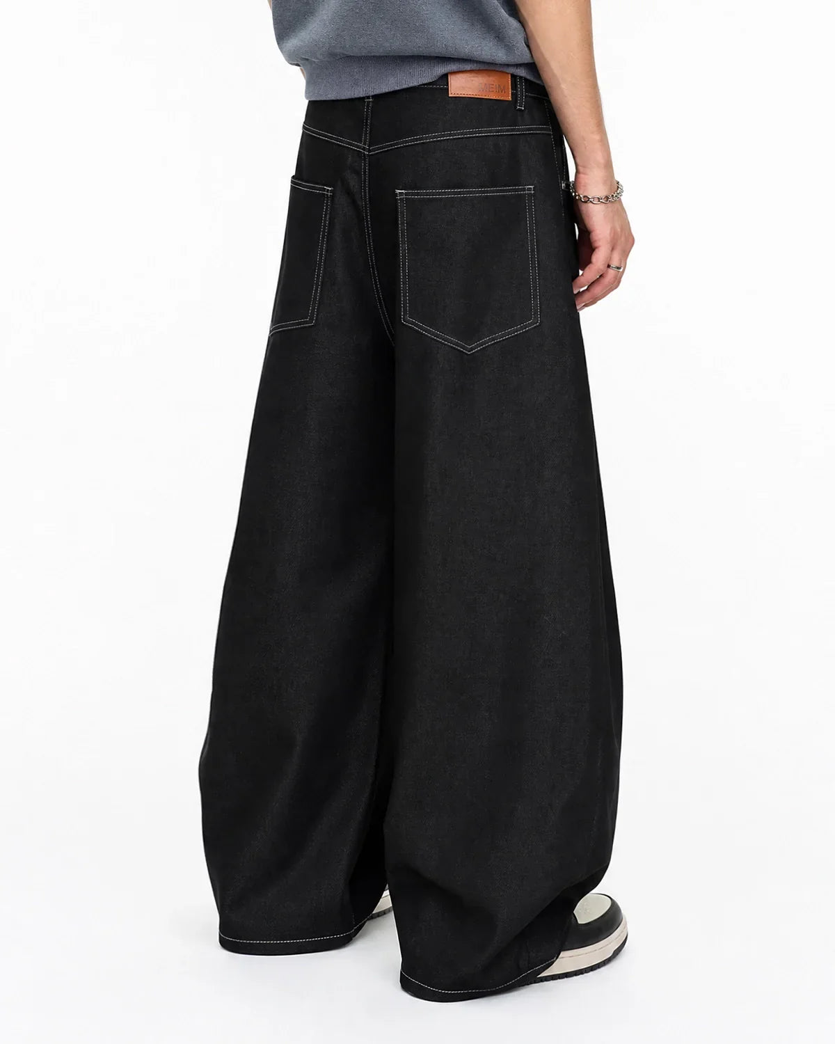 Inflation Streetwear contrast stitch baggy barrel jeans with relaxed fit, featuring prominent stitching and classic denim texture.