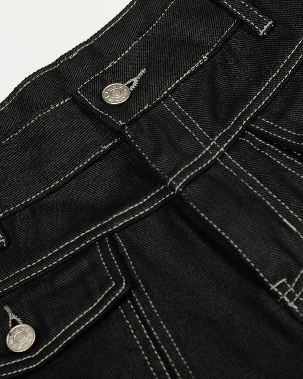Inflation streetwear contrast stitch baggy barrel jeans with relaxed fit and distressed details on denim fabric.