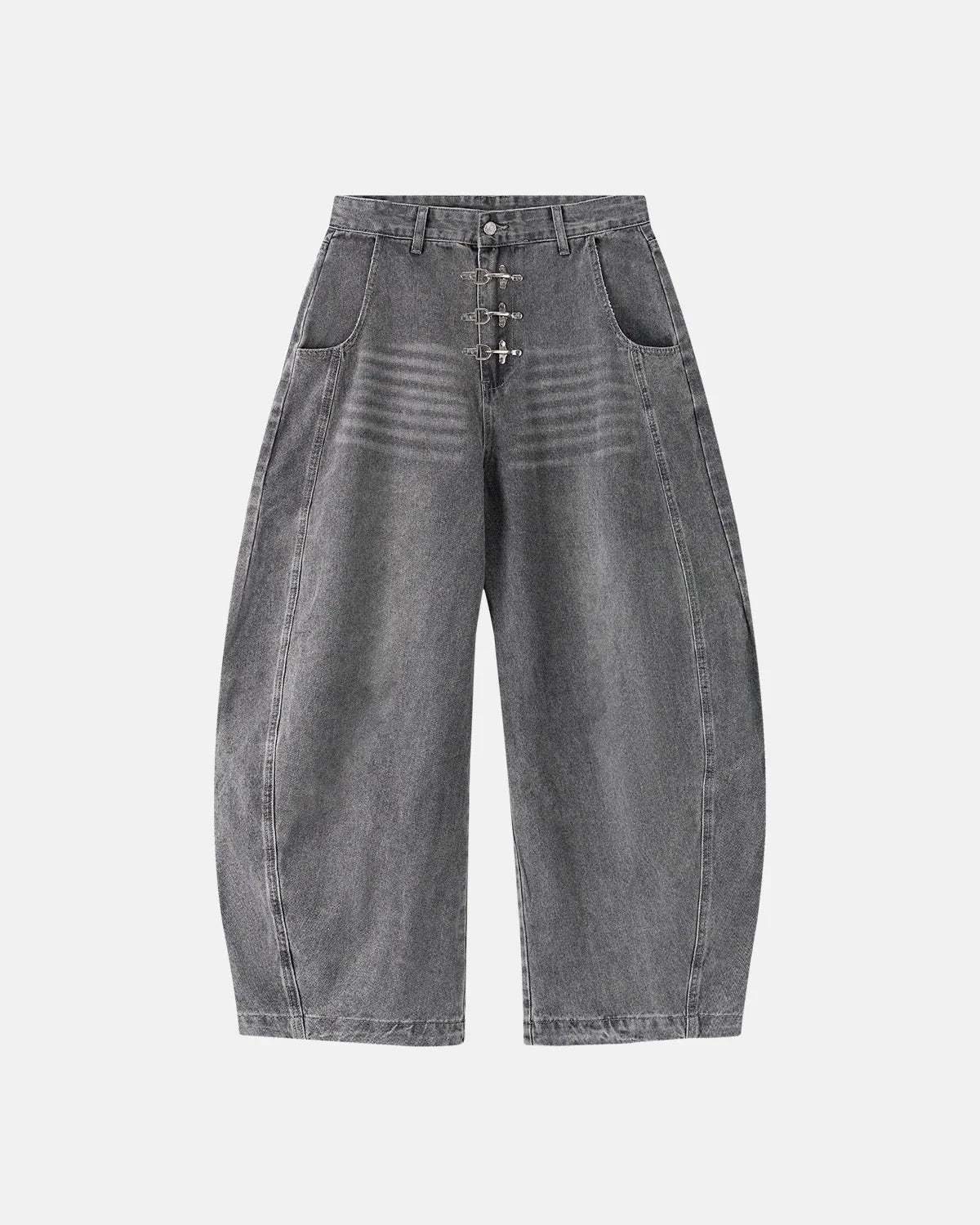 Gray metal clasp barrel jeans from Inflation Streetwear, featuring a stylish fit and classic denim design.