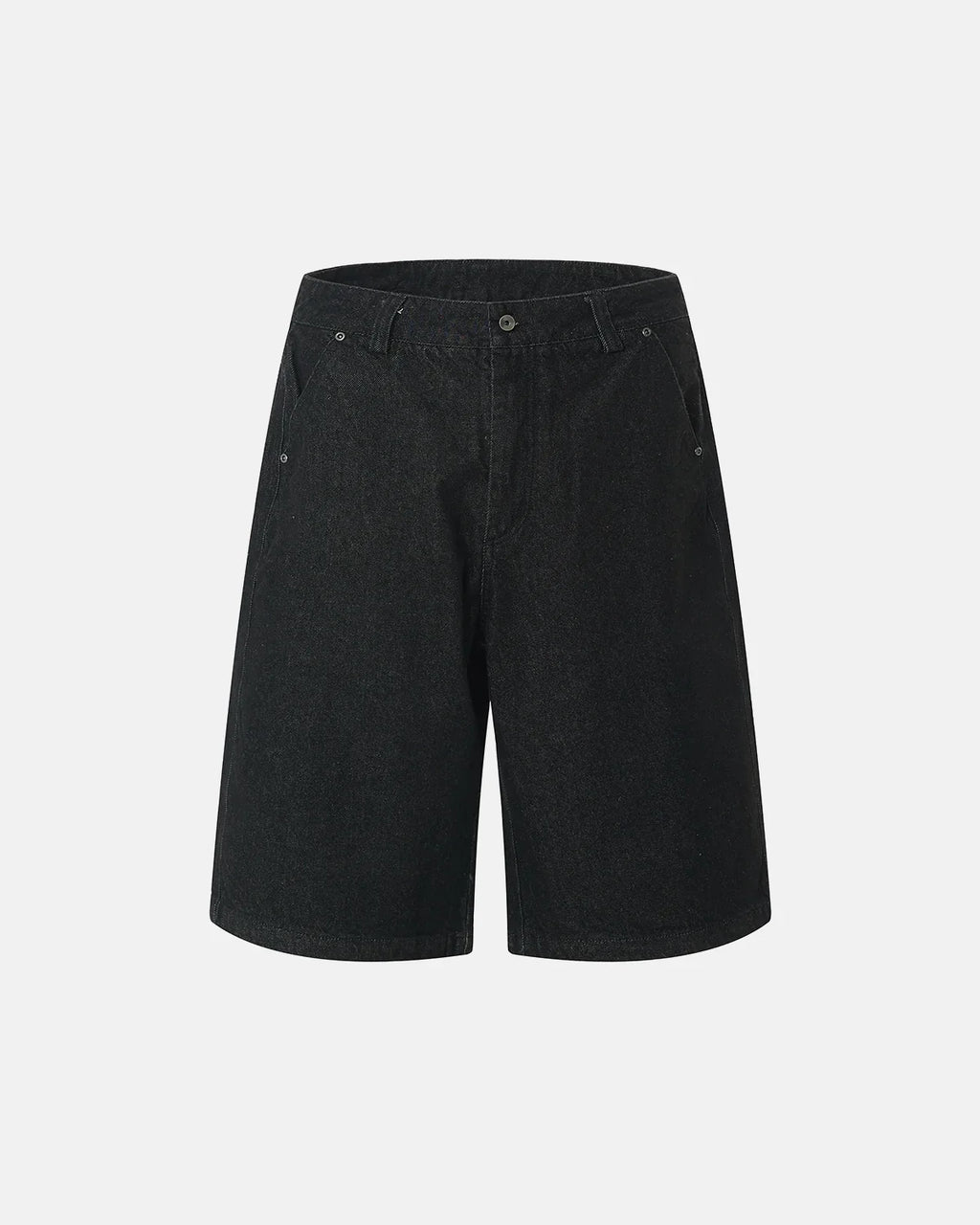 Black baggy long jorts by Flation Streetwear, casual denim shorts with a loose fit and distressed details.