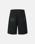 Black baggy long jorts by Flation Streetwear, featuring a relaxed fit, distressed denim, and casual streetwear style.