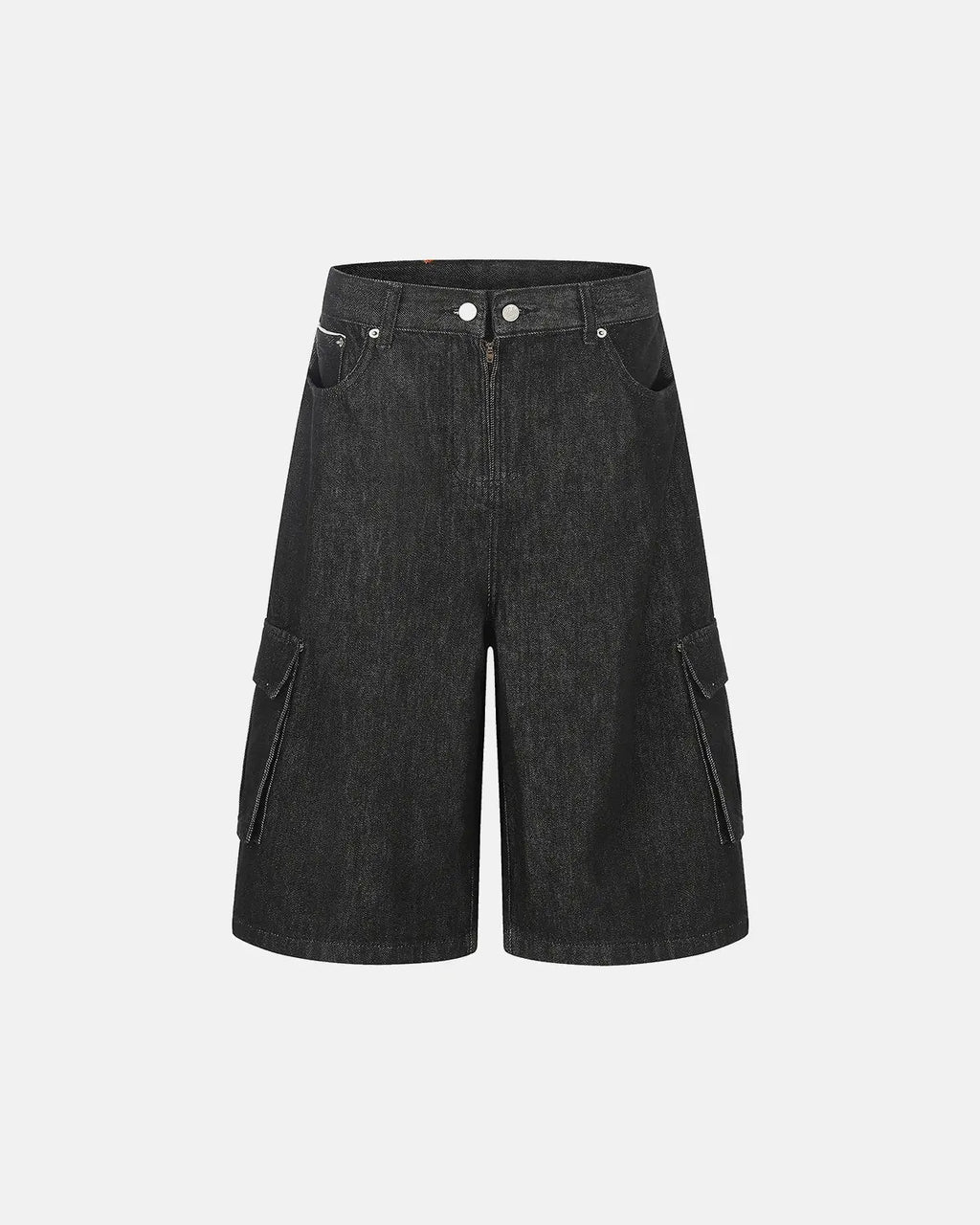 Black cargo longline jorts by INFLATION featuring oversized pockets and distressed denim for a streetwear look.
