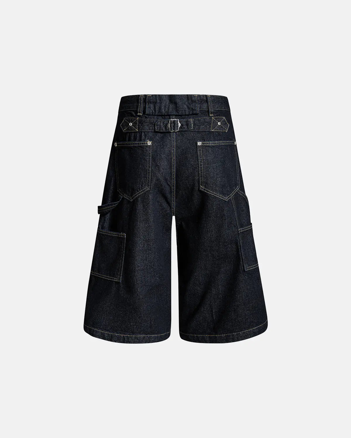 Black deconstructed wide-leg longline jorts by Flation Streetwear, featuring distressed details and relaxed fit.
