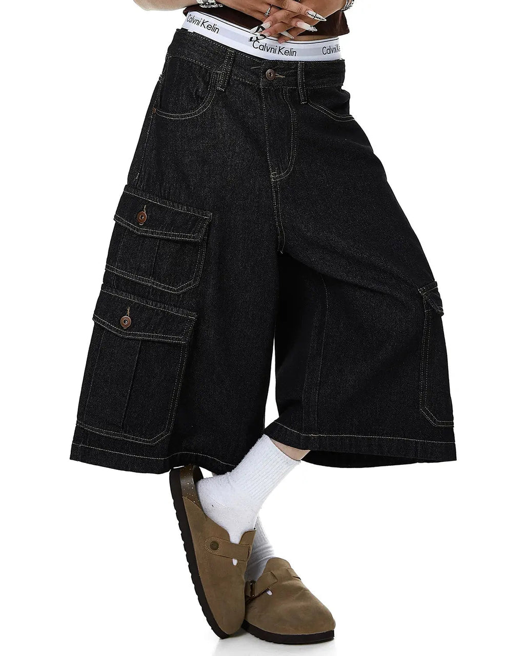 Raw denim longline cargo jorts by Flation Streetwear featuring oversized fit and multiple cargo pockets, casual streetwear style.