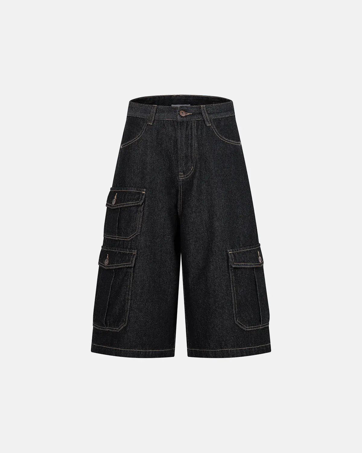 Raw denim longline cargo jorts by Flation Streetwear featuring a relaxed fit, multiple cargo pockets, and frayed hem detail.