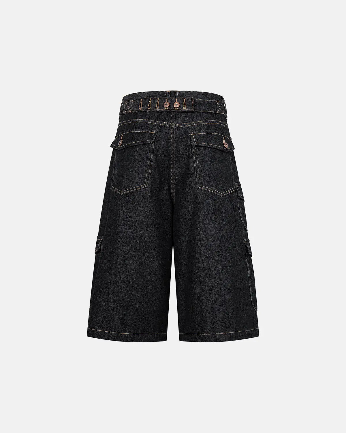 Raw denim longline cargo jorts by Flation Streetwear featuring distressed details, multiple pockets, and a relaxed fit.