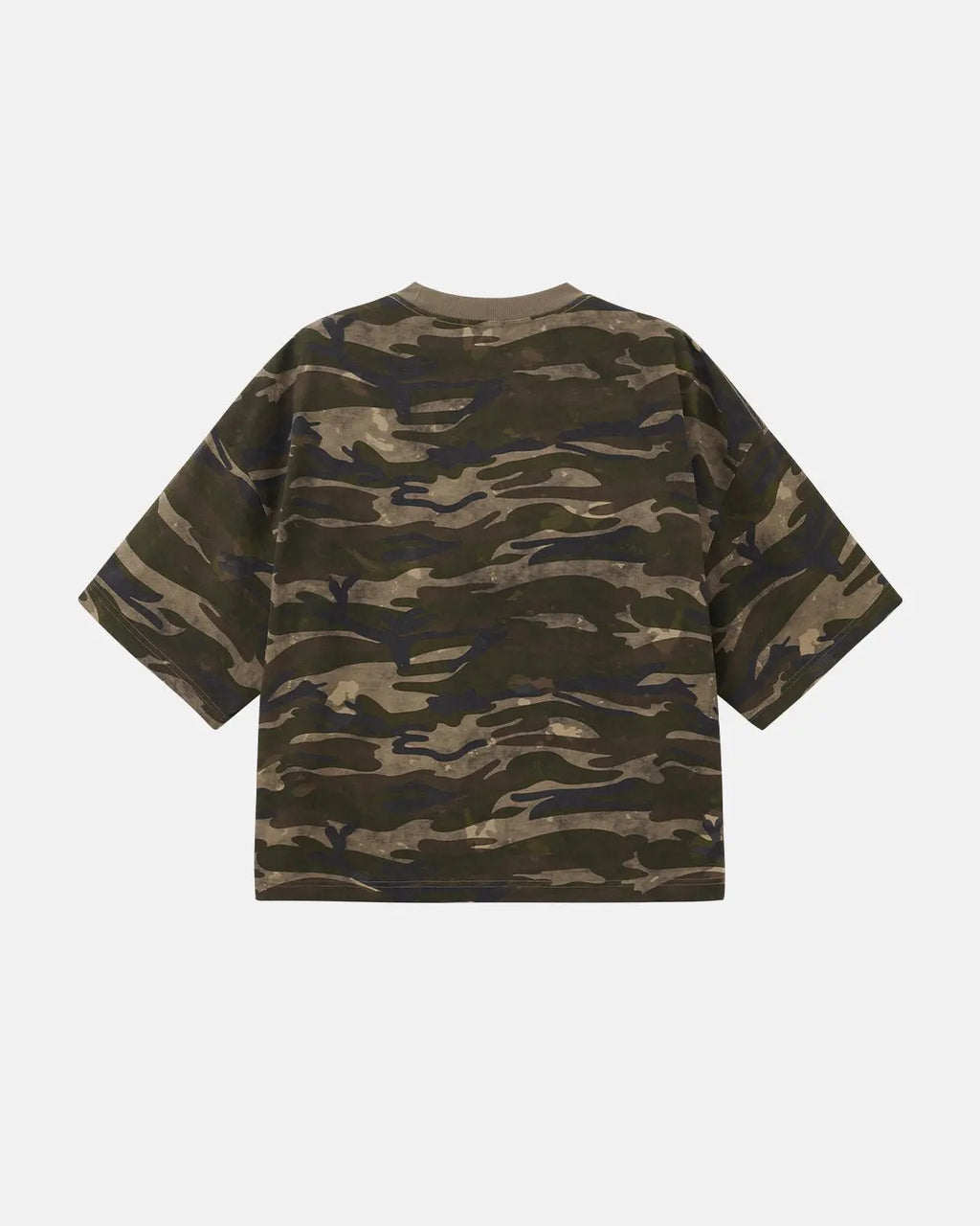 Khaki camo Boxy Tee by Flation Streetwear, featuring a relaxed fit and camo pattern, displayed on a plain background.