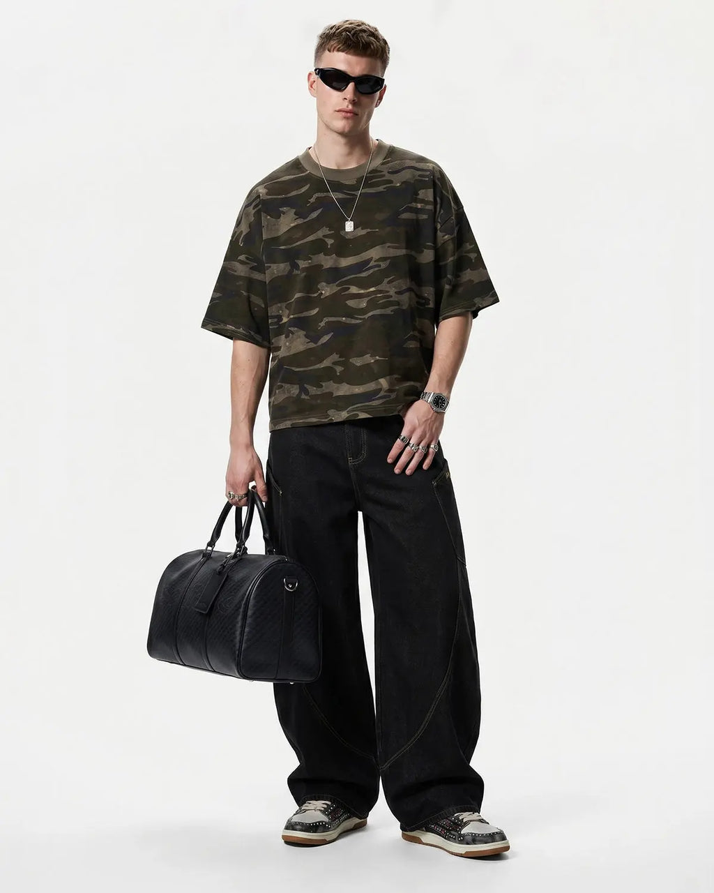 Khaki camo boxy T-shirt by Flation Streetwear featuring a relaxed fit and camouflage pattern.