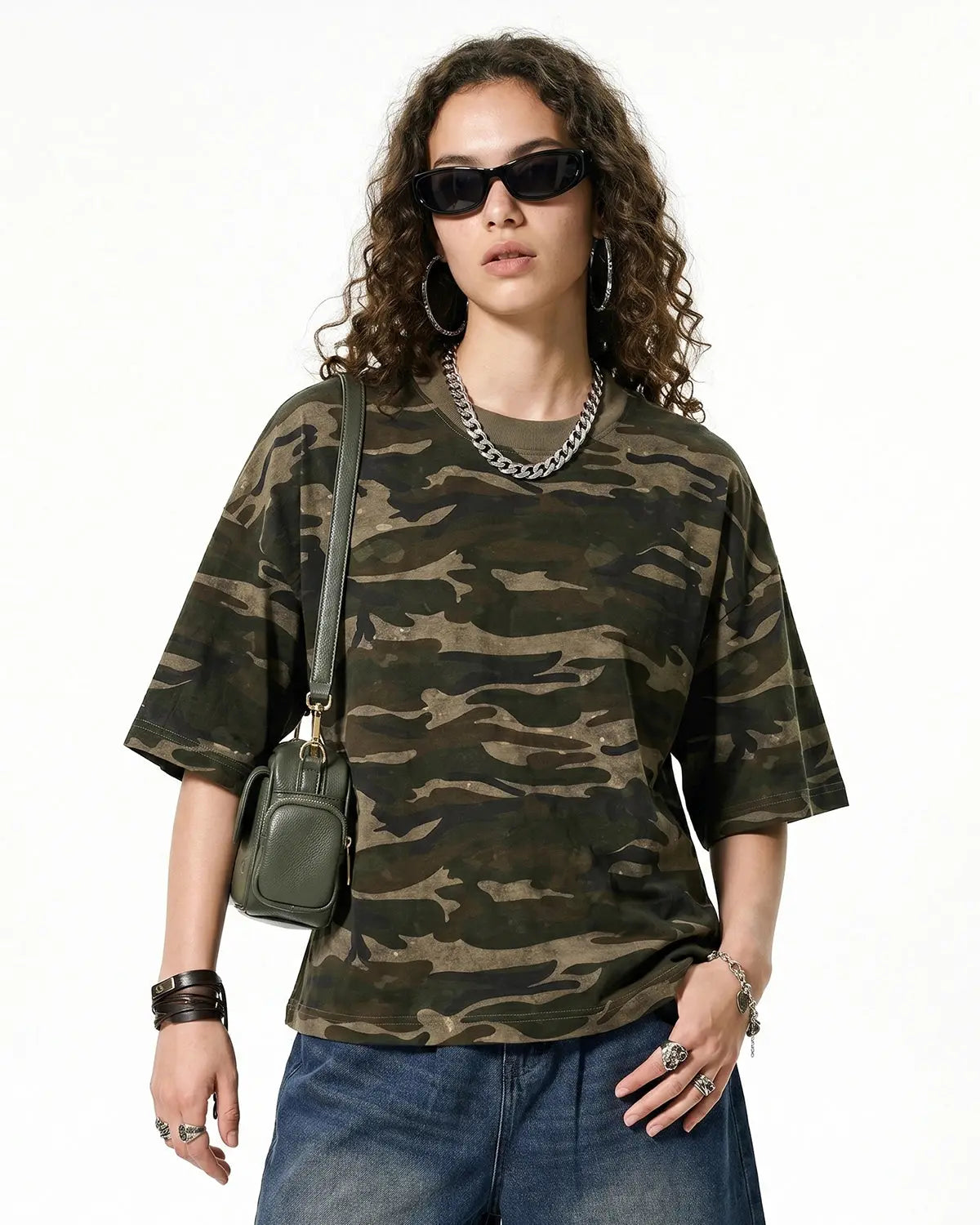 Khaki camo boxy T-shirt by Flation Streetwear featuring a relaxed fit and bold camouflage pattern.