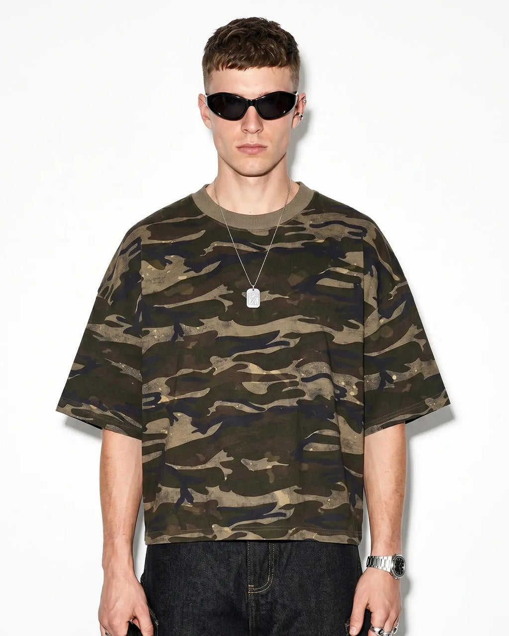 Khaki camo boxy T-shirt from Flation Streetwear featuring a relaxed fit and bold camo print.