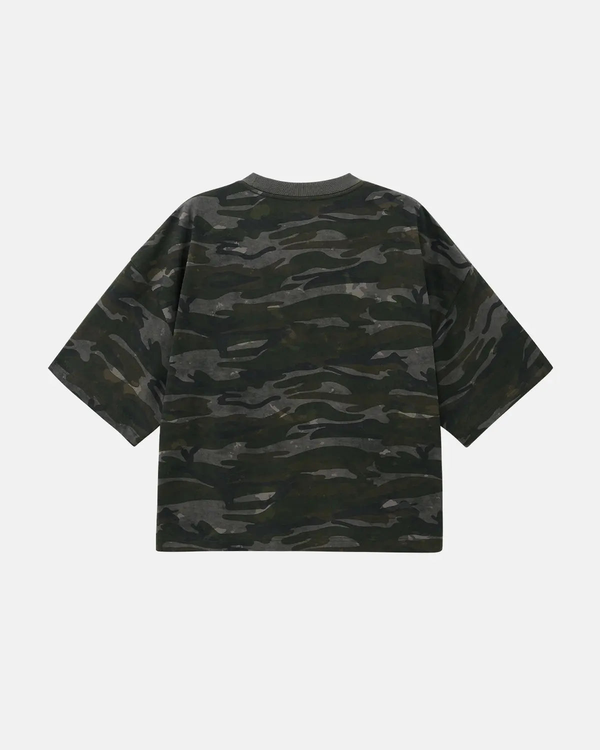 Khaki camo boxy T-shirt by Flation Streetwear featuring a relaxed fit and urban camouflage pattern.