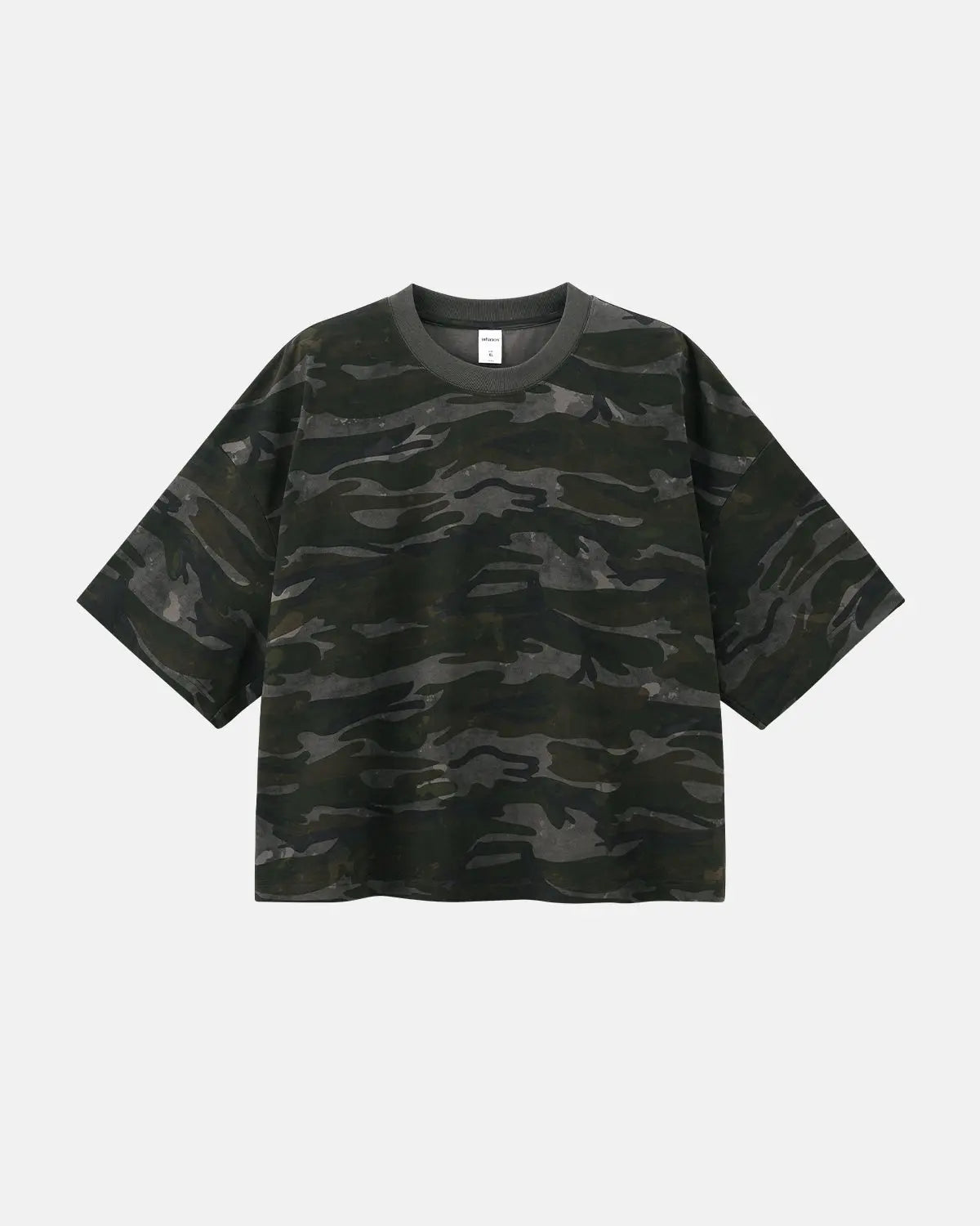 Khaki camo boxy T-shirt by Flation Streetwear featuring a relaxed fit and camo pattern, casual streetwear style.