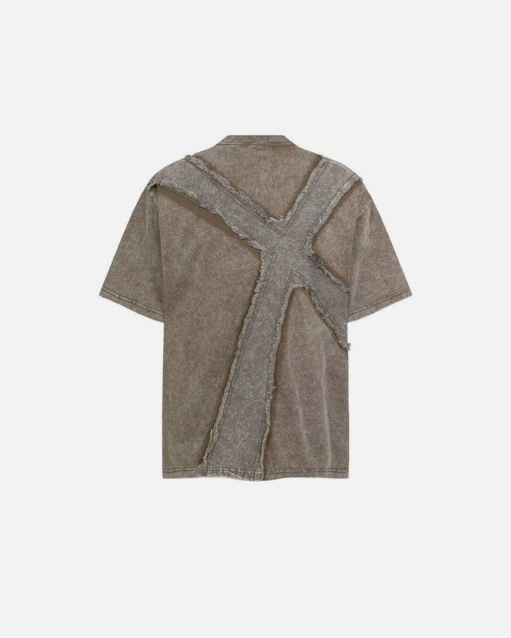 Khaki Deconstructed Cross Washed T-Shirt by Flation Streetwear featuring distressed details and casual fit.