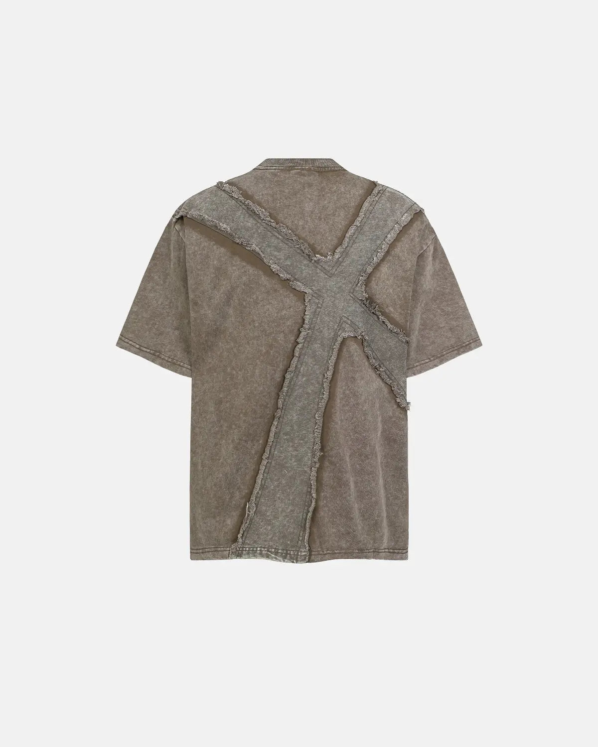 Khaki Deconstructed Cross Washed T-Shirt by Flation Streetwear featuring distressed details and casual fit.