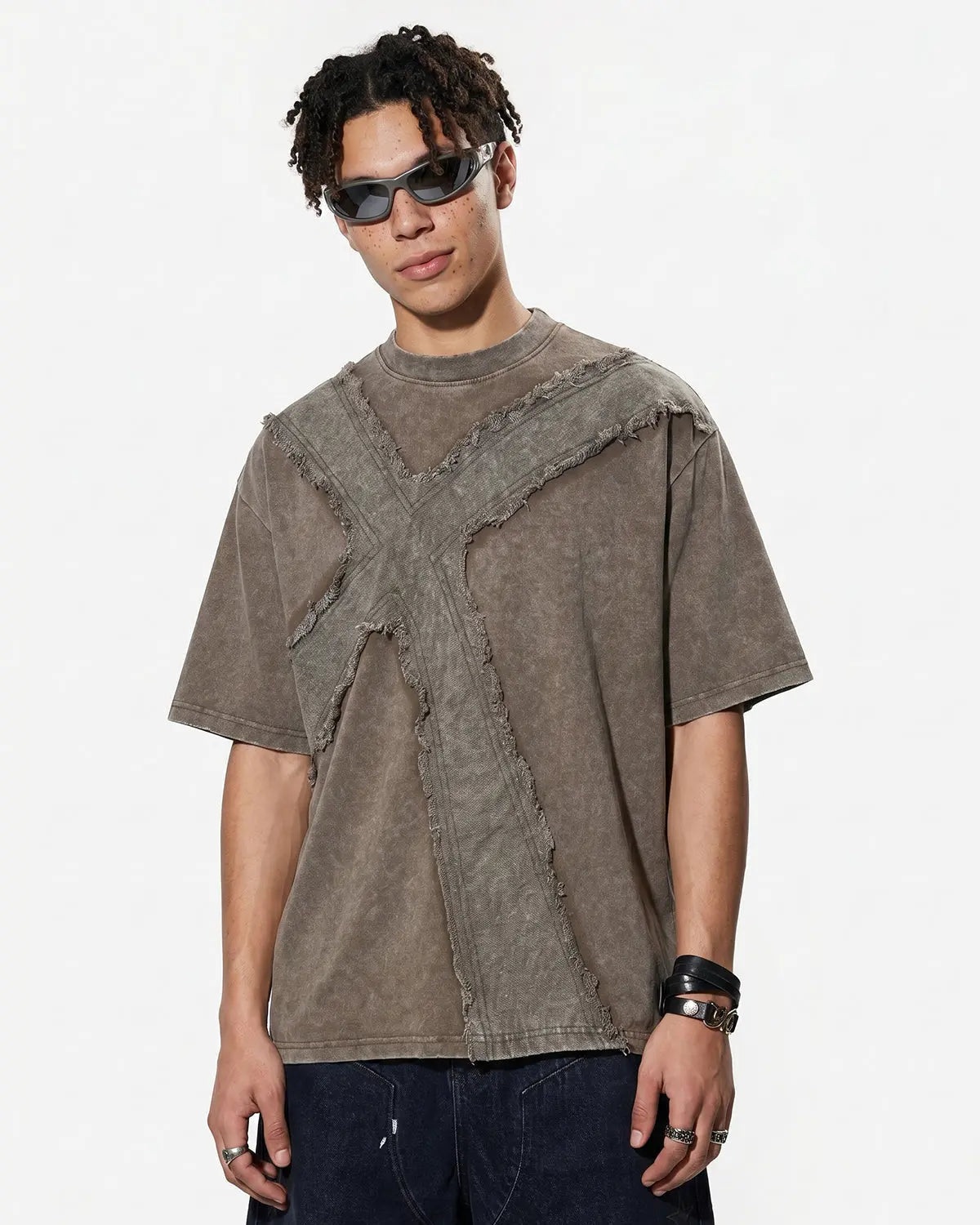 Khaki deconstructed Cross washed T-shirt by Flation Streetwear, featuring a casual fit and distressed design.