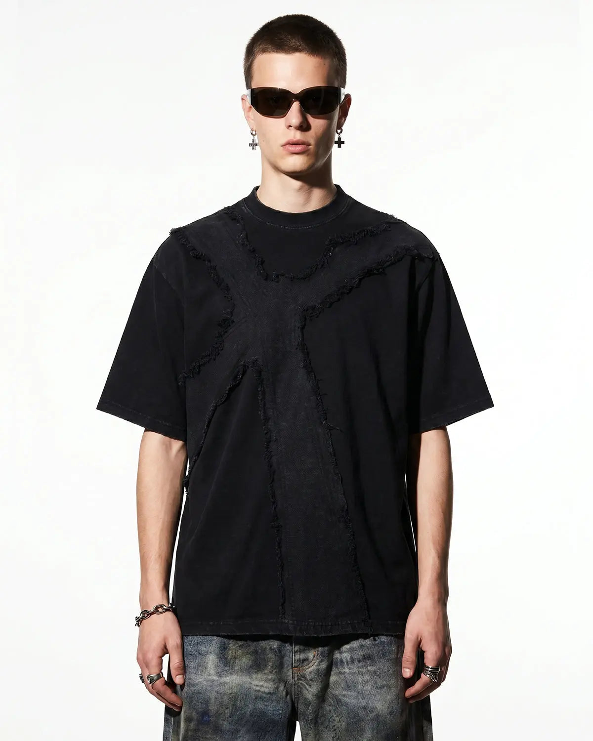 Khaki deconstructed Cross washed T-shirt by Flation Streetwear, featuring distressed design and casual fit.