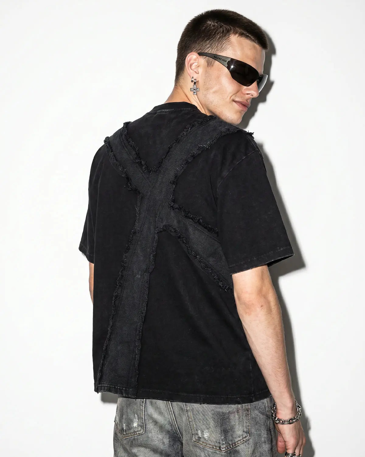 Khaki deconstructed cross washed T-shirt by Flation Streetwear, featuring distressed details and casual street style.