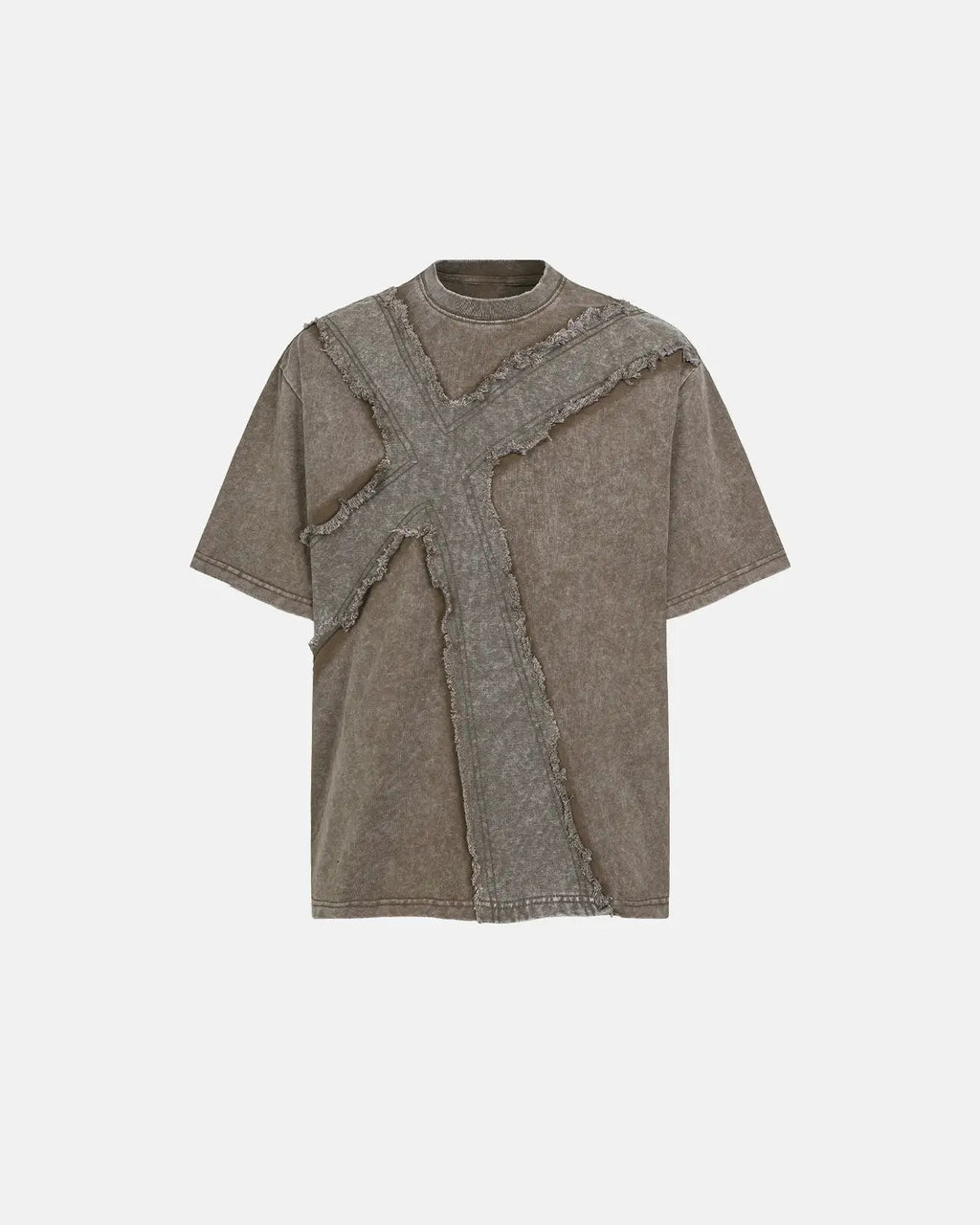 Khaki deconstructed cross washed T-shirt by Flation Streetwear, featuring a relaxed fit and graphic design on the front.