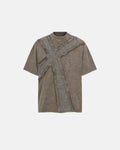 Khaki deconstructed cross washed T-shirt by Flation Streetwear, featuring a relaxed fit and graphic design on the front.