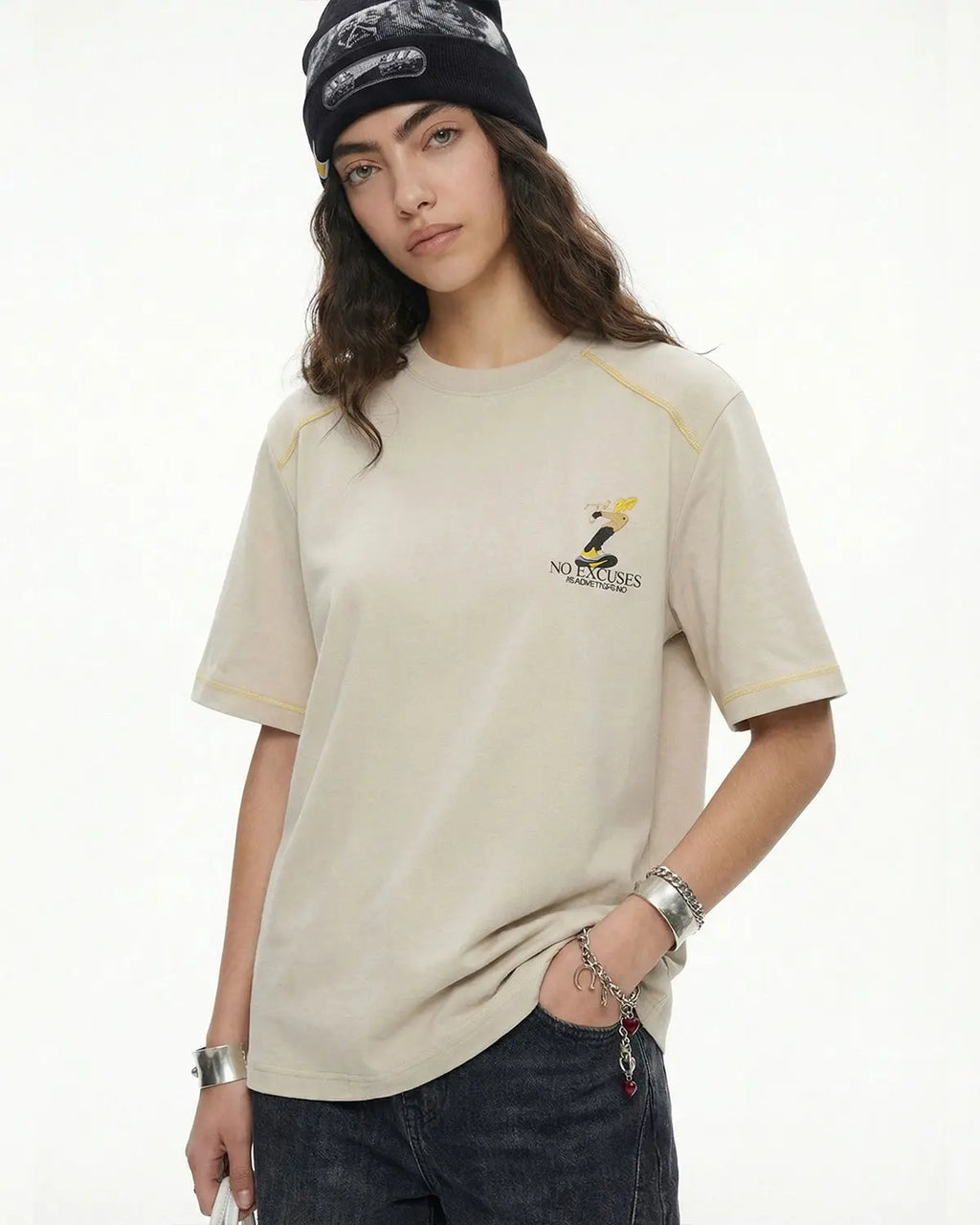 Light apricot Flation streetwear graphic tee with contrast stitching and bold graphic design, casual and stylish for everyday wear.