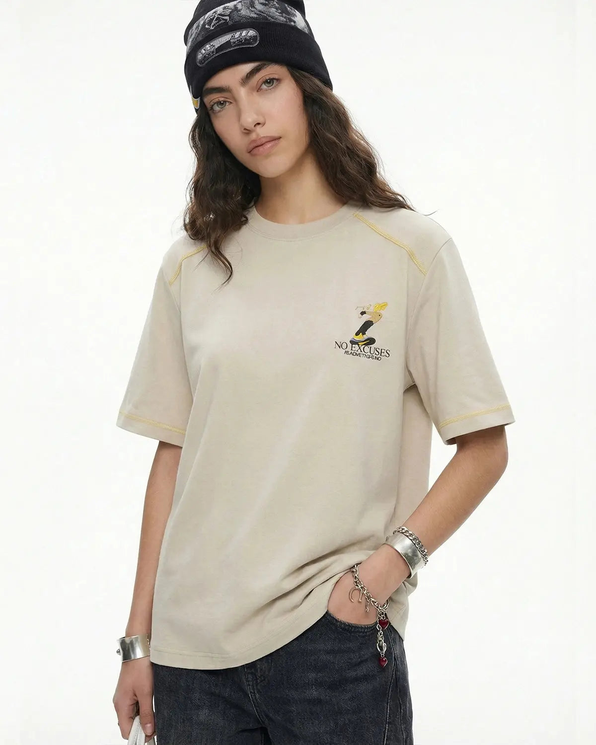 Light apricot Flation streetwear graphic tee with contrast stitching and bold graphic design, casual and stylish for everyday wear.