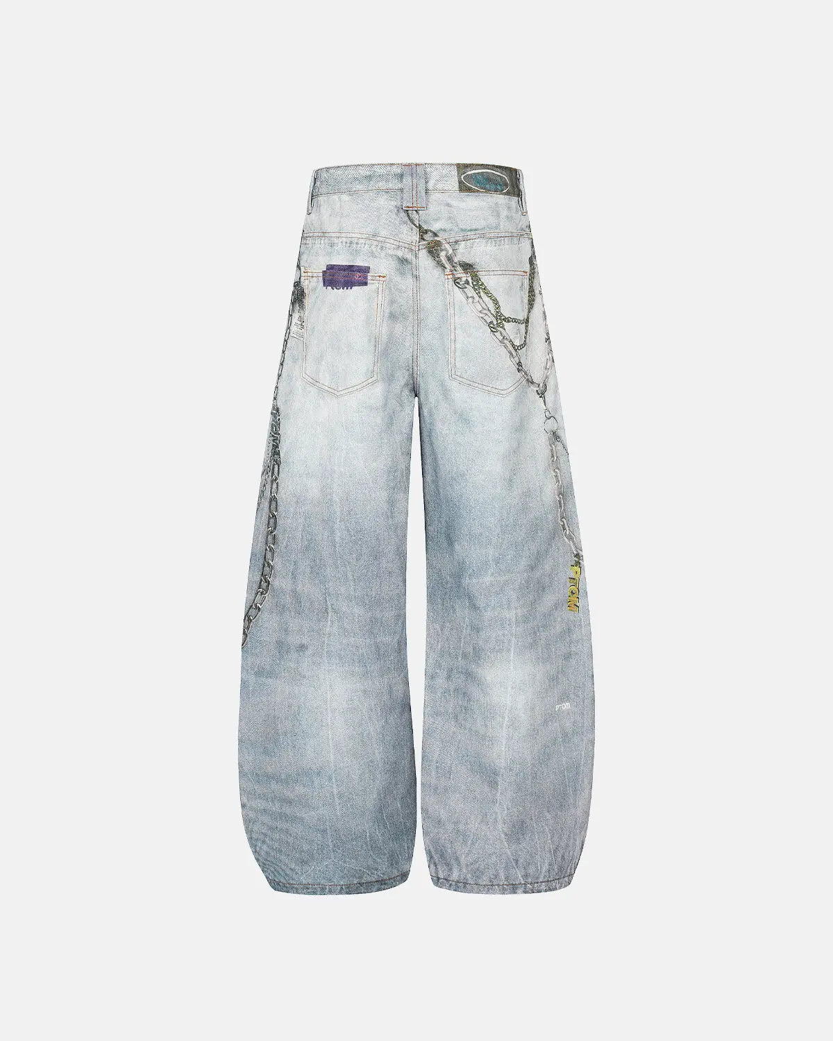 Light blue 3D print chain barrel jeans by Flation Streetwear, featuring a relaxed fit and unique chain detailing.