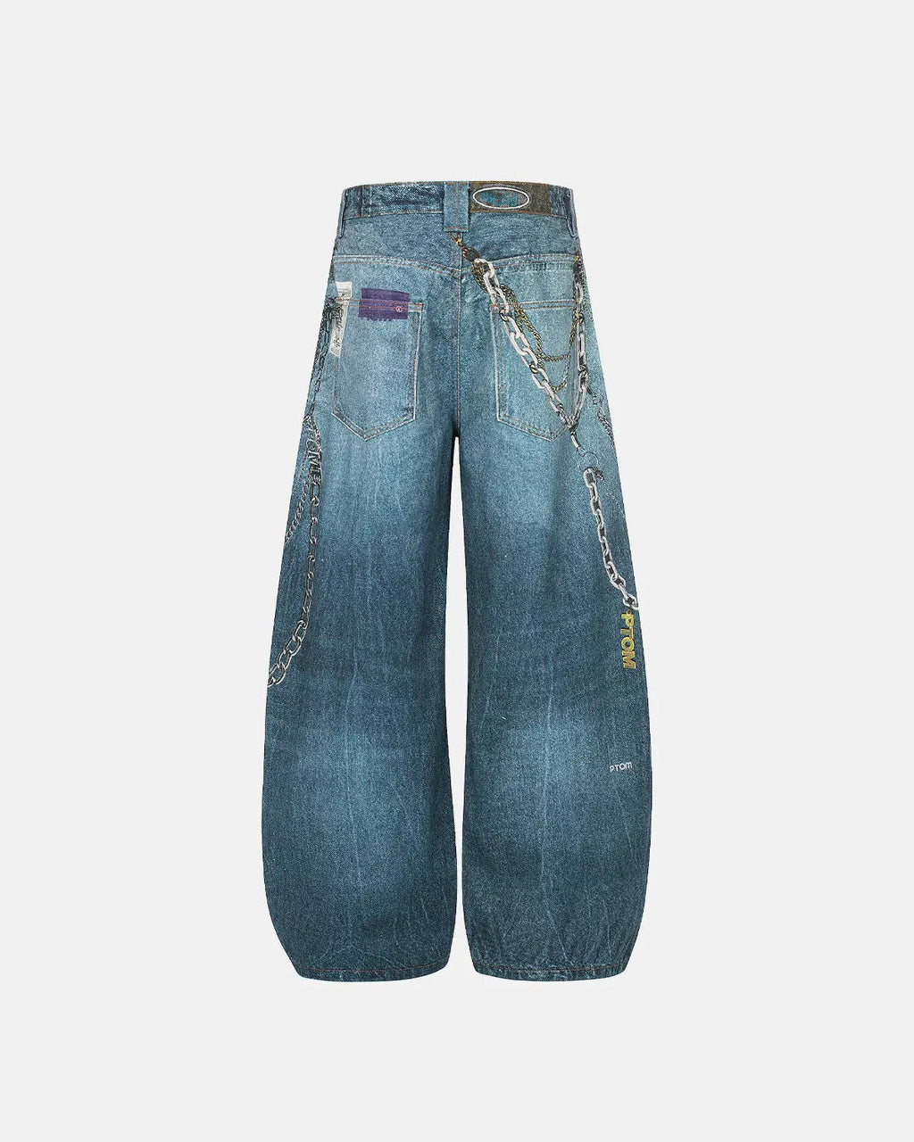 Light blue 3D print chain barrel jeans by Flation Streetwear, featuring a stylish streetwear design with detailed chain accents.