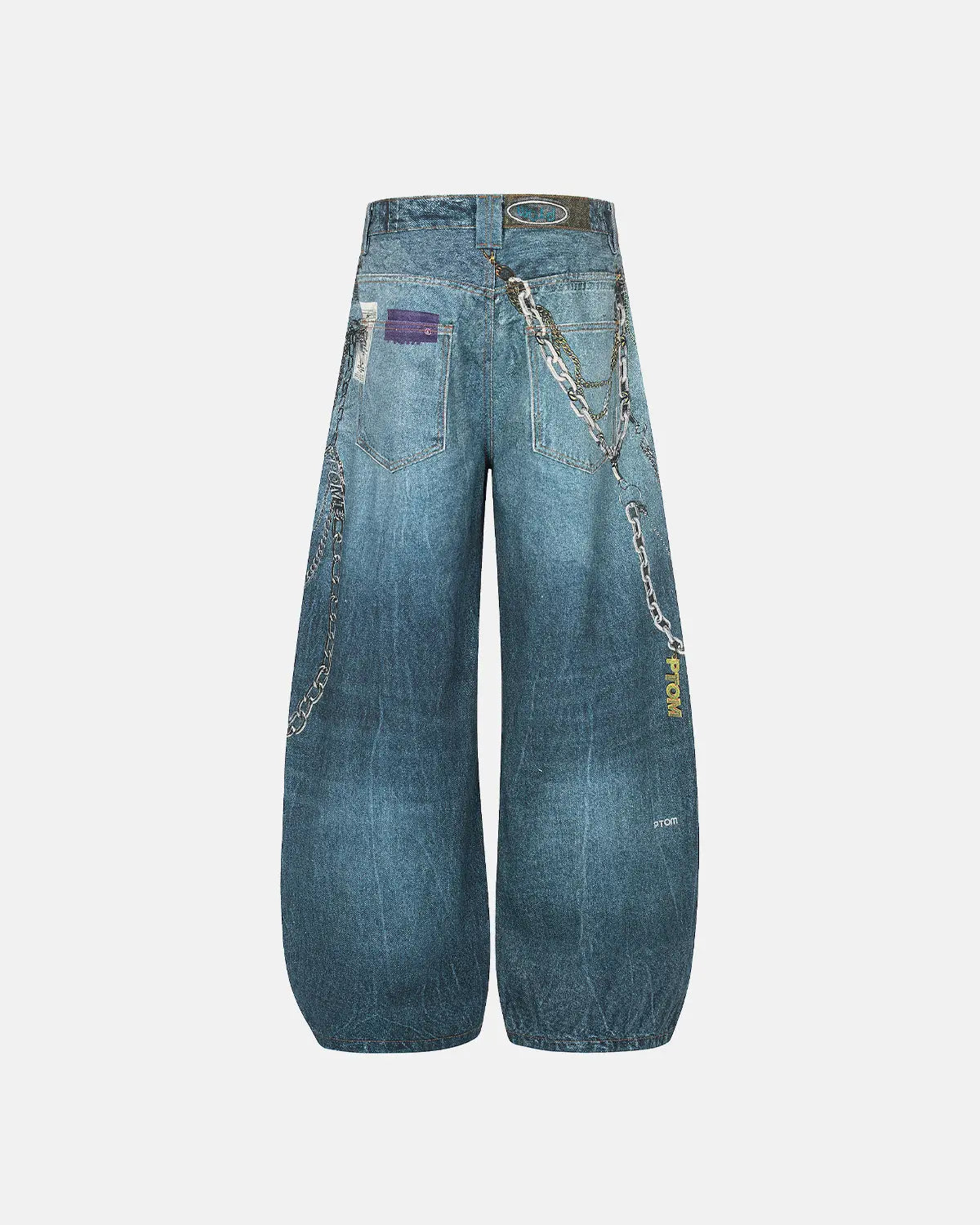 Light blue 3D print chain barrel jeans by Flation Streetwear, featuring a stylish streetwear design with detailed chain accents.