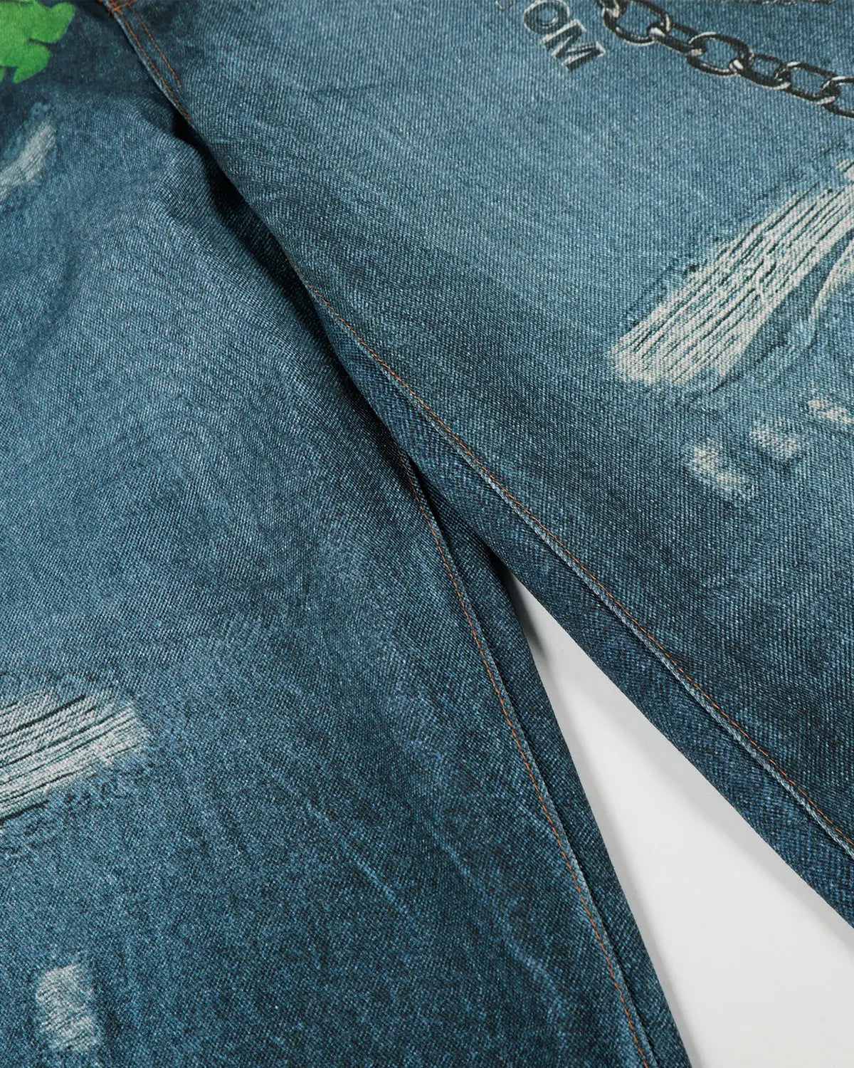 Light blue 3D print chain barrel jeans by Flation, featuring streetwear style with detailed chain patterns and relaxed fit.