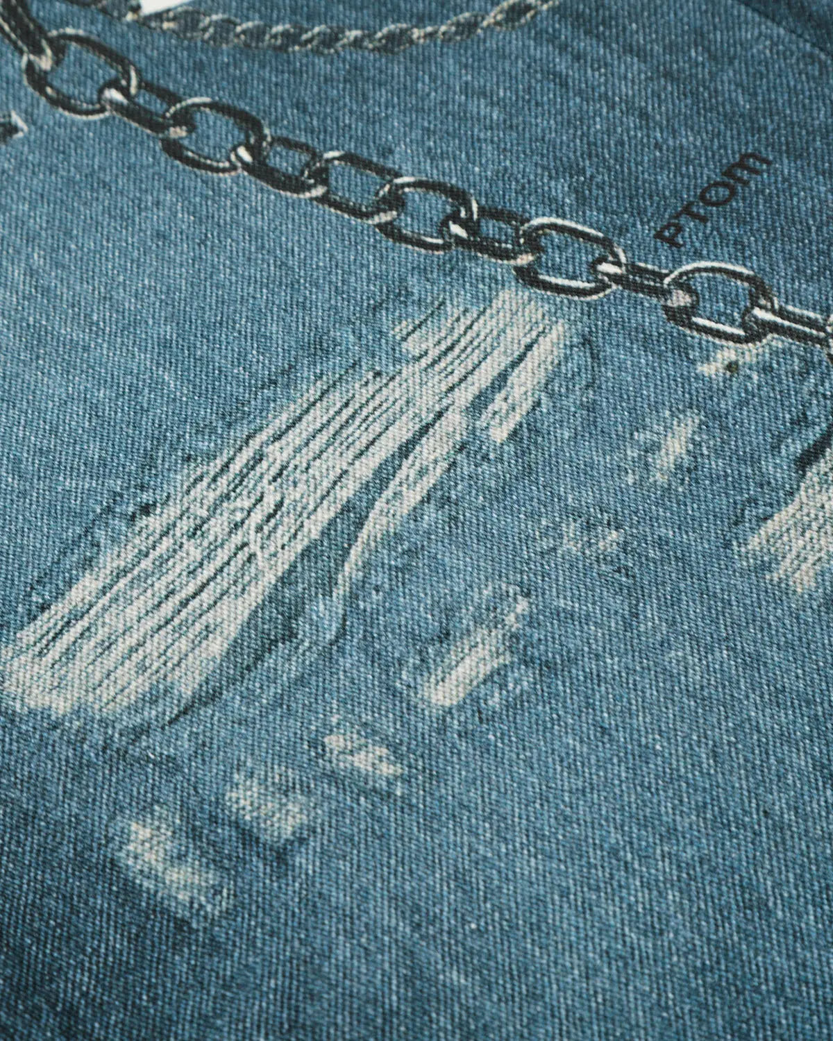 Light blue 3D print chain barrel jeans by Flation Streetwear, showcasing detailed design and relaxed fit.