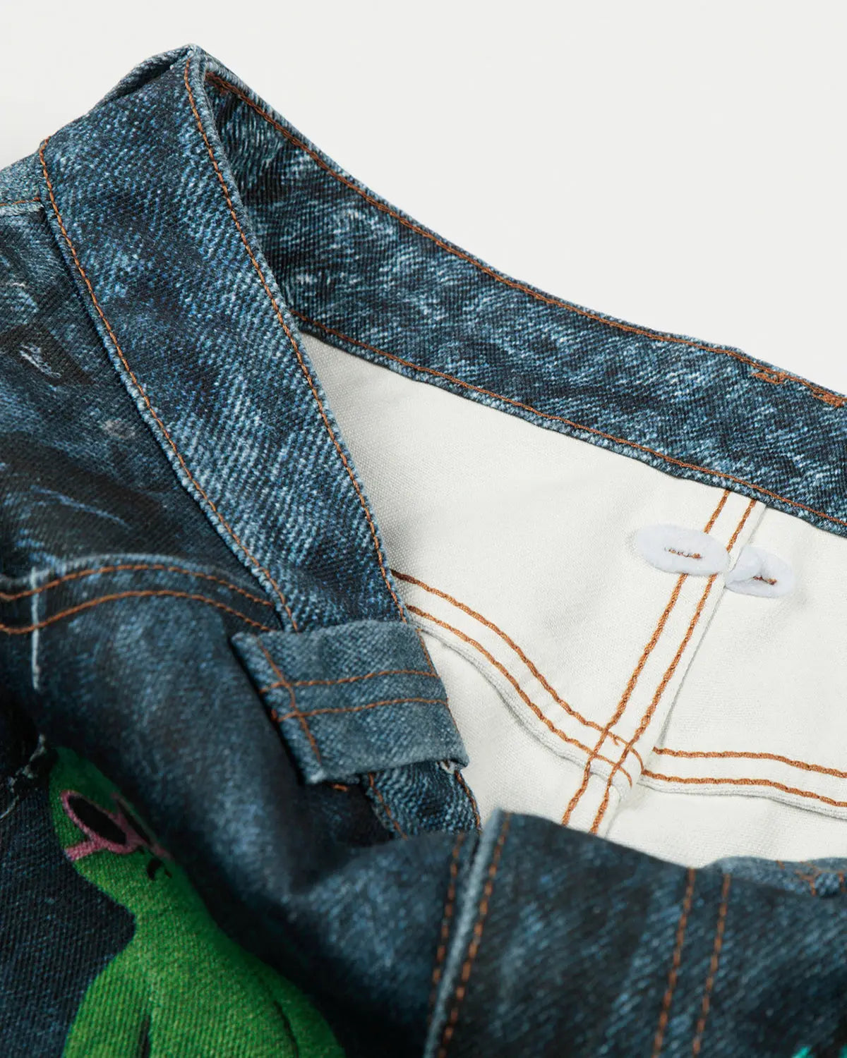Light blue 3D print chain barrel jeans by Flation Streetwear, showcasing unique streetwear style and detailed design.